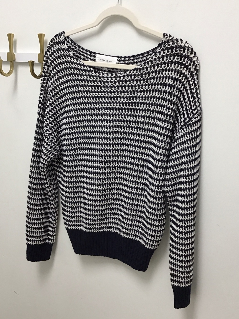 Dear John Navy and White Houndstooth Knit Crewneck Sweater